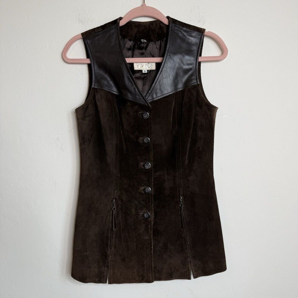 Vintage Cache Size M Suede Vest Chocolate Brown Longline Western Bobo Festival - Picture 13 of 16